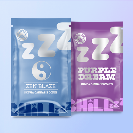 Two packages of Zen Blaze cannabis cones, one blue and one purple, on a light blue background.