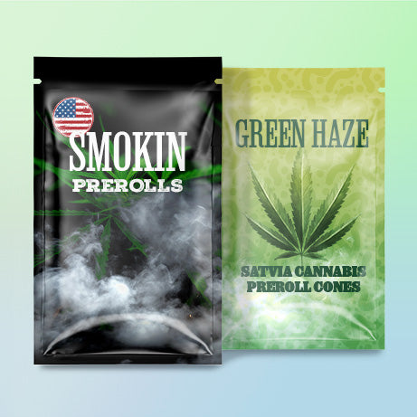 Two packages of cannabis products, one labeled 'Smokin Prerolls' and the other 'Green Haze', on a light green background.