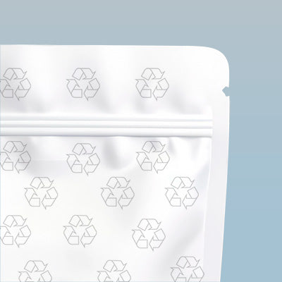 White packaging bag with recycling symbol pattern on a light blue background