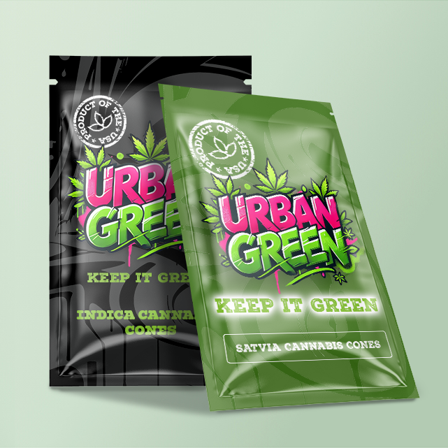Two packages of Urban Green cannabis cones on a light green background