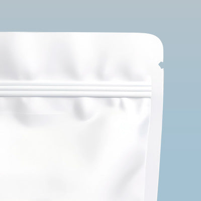 White flex pouch on a light blue background